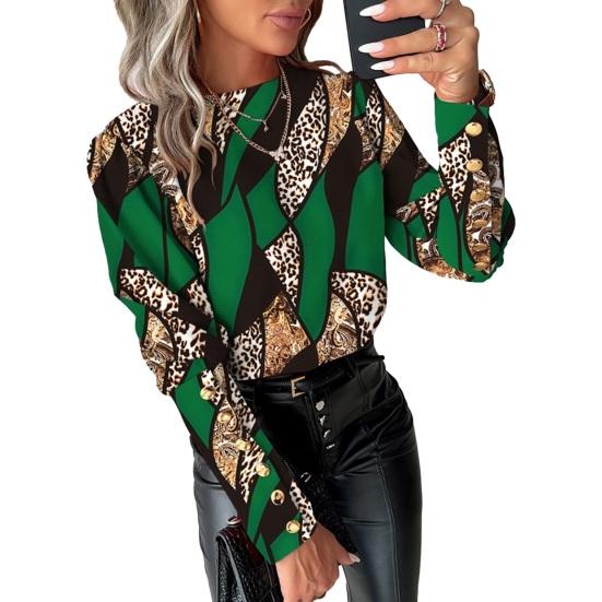 Мягкая дышащая элегантная блузка на пуговицах большого размера с одинаковым декором, круглым вырезом и длинными рукавами