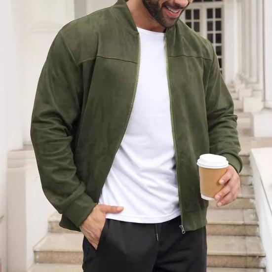 Men Suede Jacket Stand Collar Long Sleeve Zipper Placket Coat with Side Pockets Solid Color Loose Fit Ribbed Cuffs Hem Outwear
