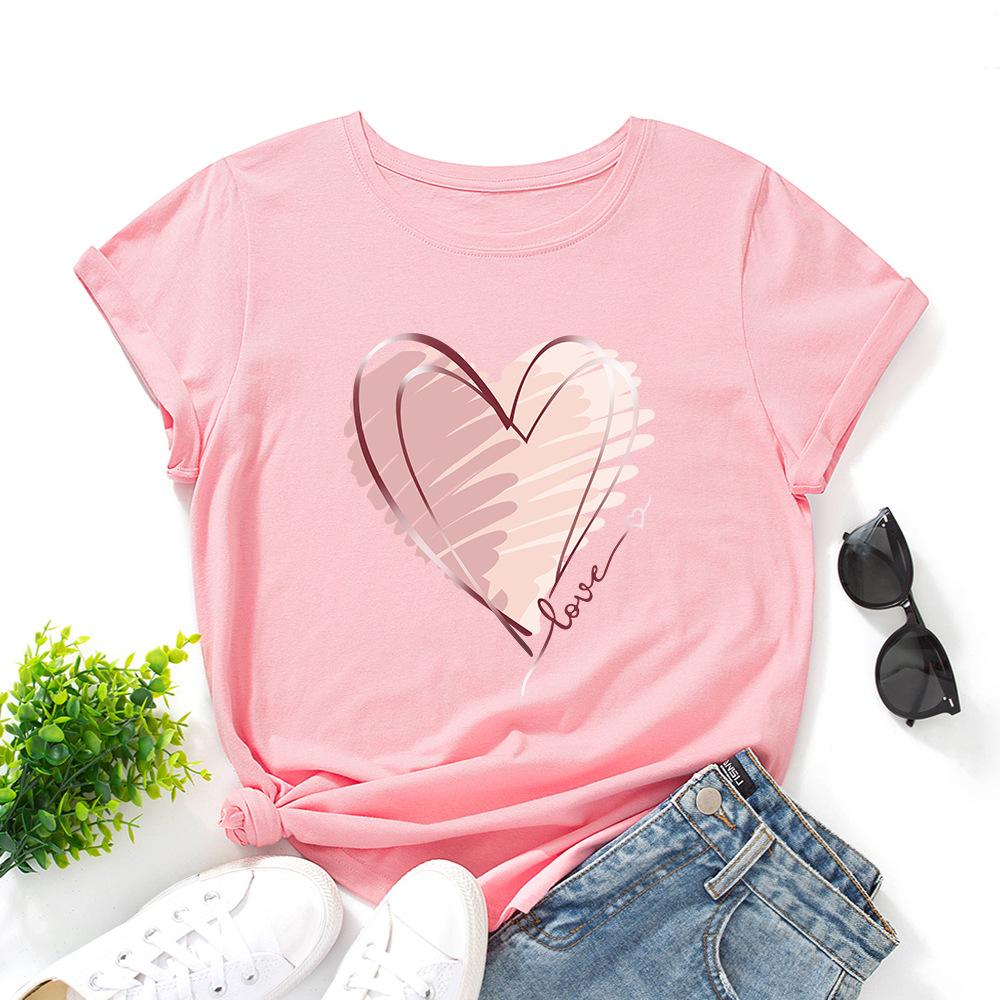 Модная хлопковая футболка с сердцем, с коротким рукавом, с круглым вырезом, женская, с 2D-принтом, топы