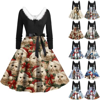Рождественский принт расклешенное платье для женщин платье с длинным рукавом полые вечерние повседневные платья