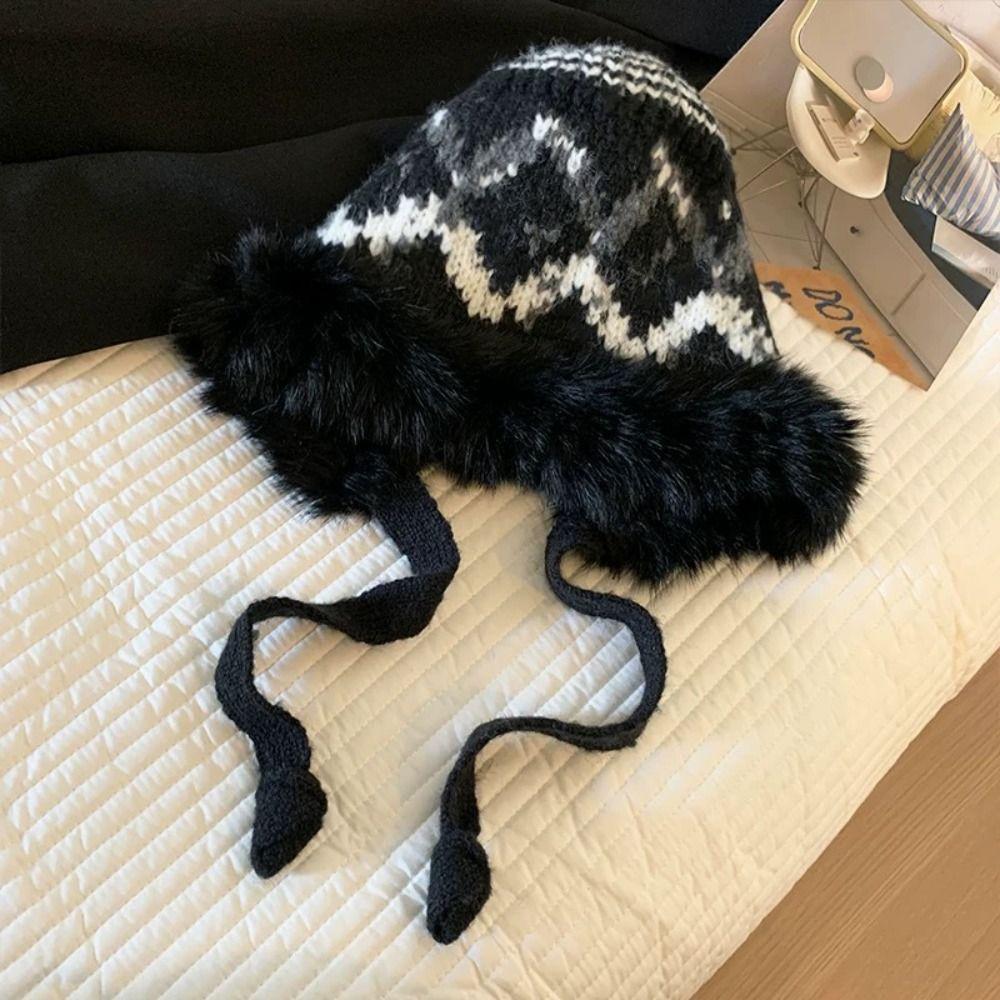 Windproof Faux Fur Lei Feng Hat Ethnic Style Pullover Beanie Hat Knitted Plush Hat  Autumn Winter