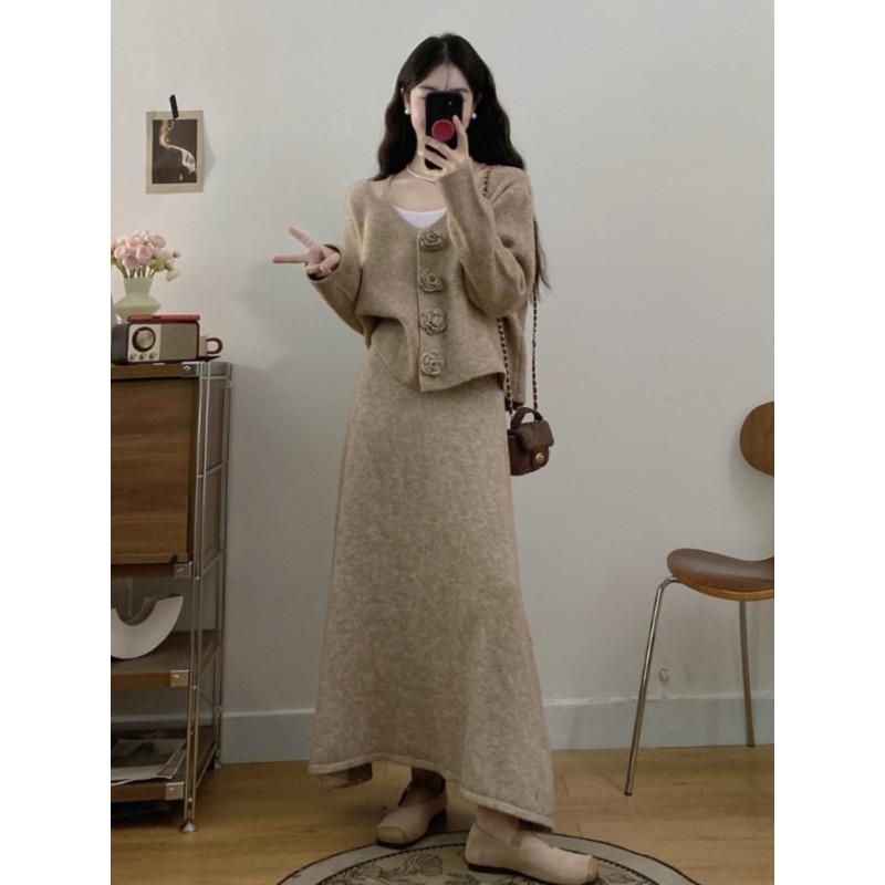 Камелия большой размер вязаный кардиган юбка женский комплект из двух предметов осень и зима новый свободный повседневный свитер комплект женский