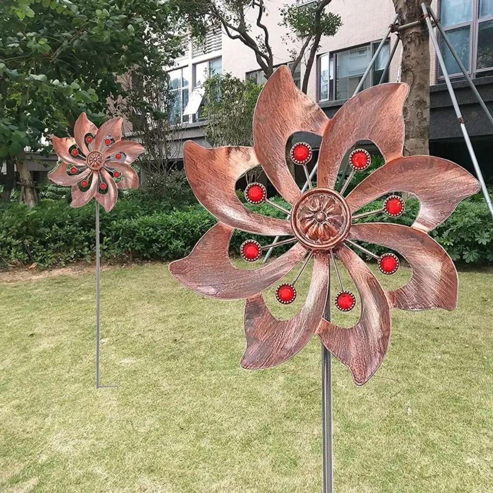 Rotating Wind Spinners Metal Flower Pinwheel Double Windmill Sculpture  Lawn