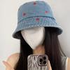 Korean Embroidered Heart Bucket Hat for Women Washed Denim Fisherman Cap Unisex Bob Caps Summer Panama Hats