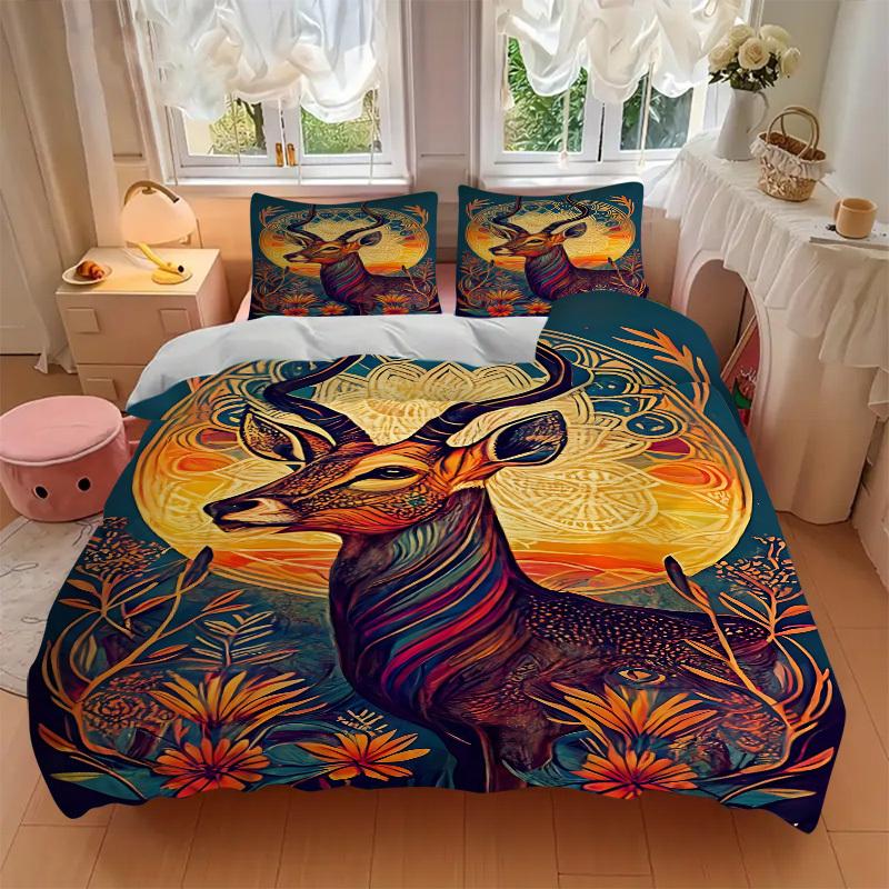 3pcs Deer Mandala Artwork Bedding Set - 1 Duvet Cover + 2 Pillowcases(Core Not Included), Machine Washable Polyester yy251216109