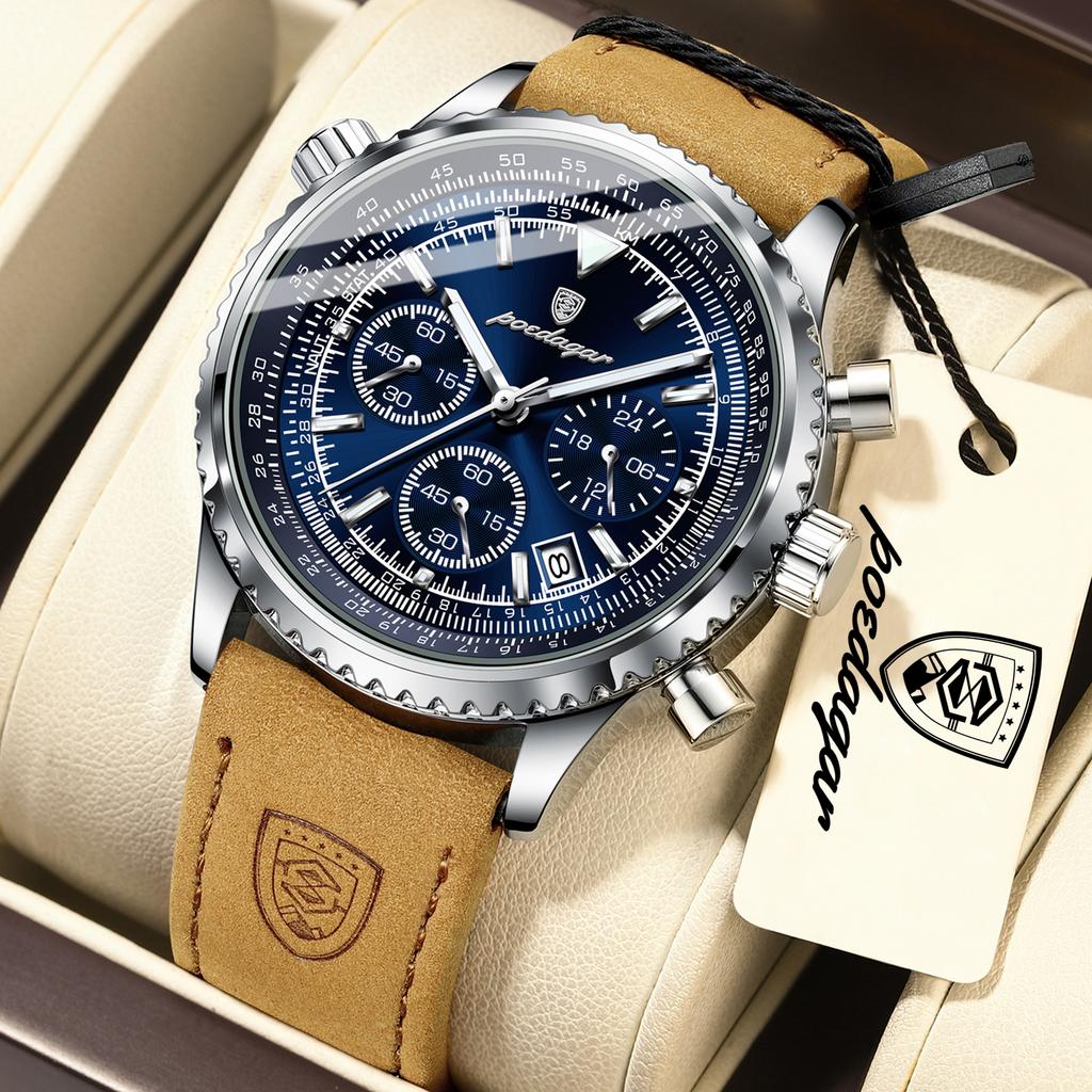 POEDAGAR Top Business Men Watch Luminous Waterproof Leather Sports Man Clock Date Chronograph Quartz Fashion Men's Watches Reloj