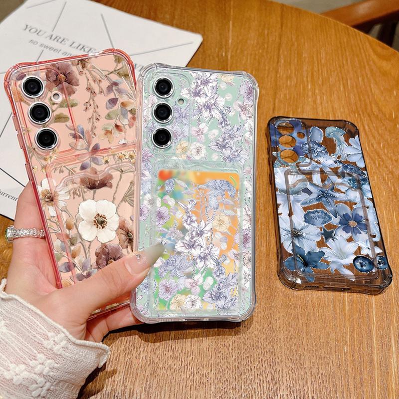 Прозрачный чехол для телефона с цветочным узором для Samsung Galaxy S26 S25 S24 S23 S22 Ultra S25 Edge S24 FE Прозрачный кошелек с карманом для карт