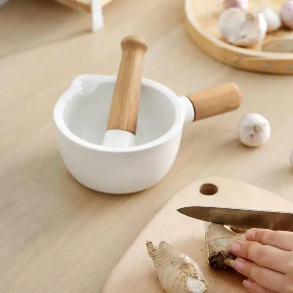 Efficient Grinding Hand-held Mashing Jar with Wood Handle Pottery Grinding Bowl  Household