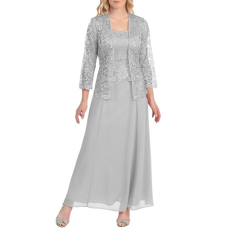 Новый женский кружевной кардиган и шифоновая макси-юбка, женское модное длинное шифоновое платье из двух частей, платье для матери жениха с кружевом с длинным рукавом