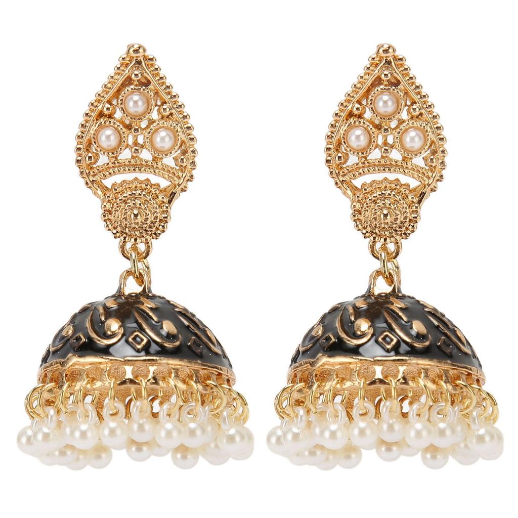 Woman Indian Bell Earrings Dangle Style Gold Plated Artifical Pearl Fashion Earrings Accessory