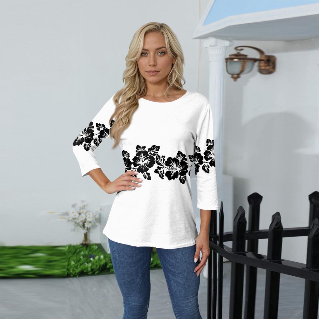 Женский топ с принтом и круглым вырезом, рукавом 3/4