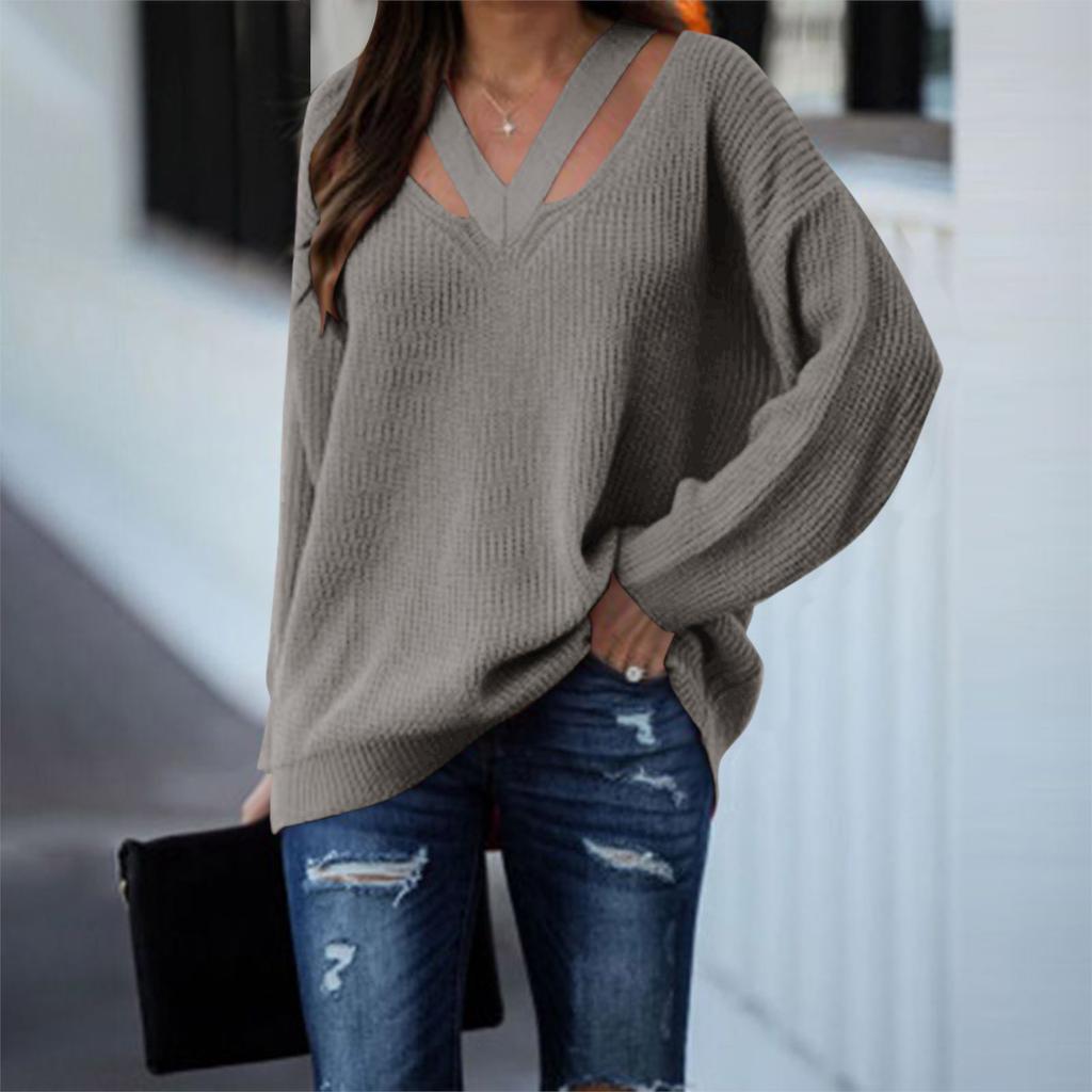 Женский модный свободный свитер с V-образным вырезом и длинным рукавом, однотонный повседневный свитер