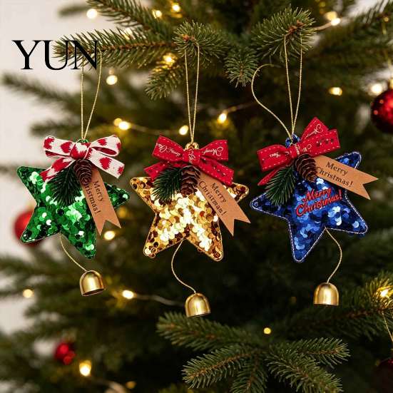 Durable Polyester Ornaments Glitter Star Bell Ornaments, Sequin Hanging Decoration with Bow Pine Reusable Holiday Cone, Sparkly Christmas Tree Pendant