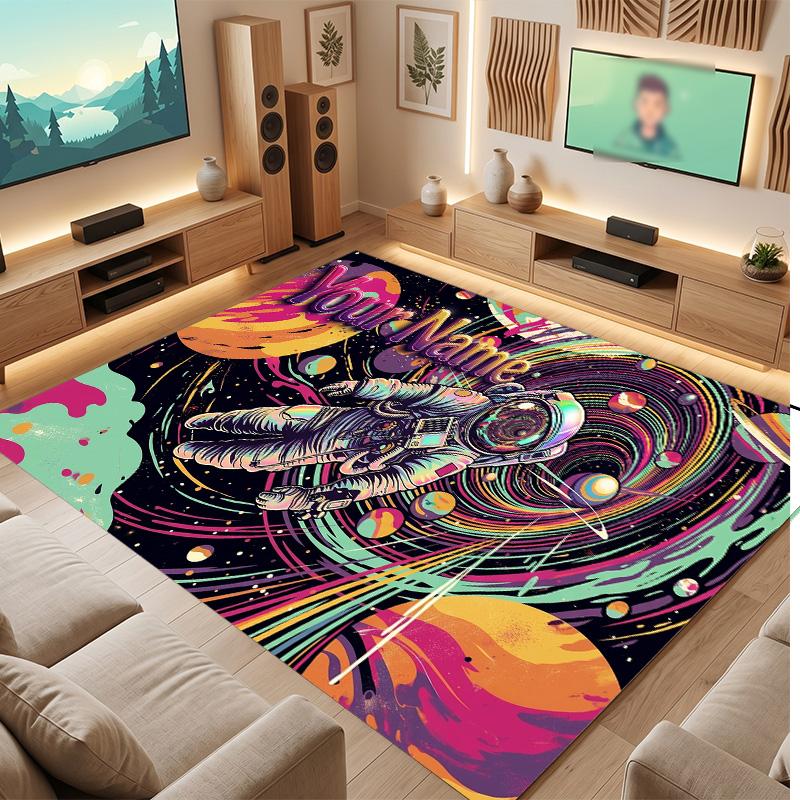 Astronaut Space Theme Soft Crystal Velvet Rug Custom Name & Text Print Non Slip Floor Rug for Bedroom Living Room