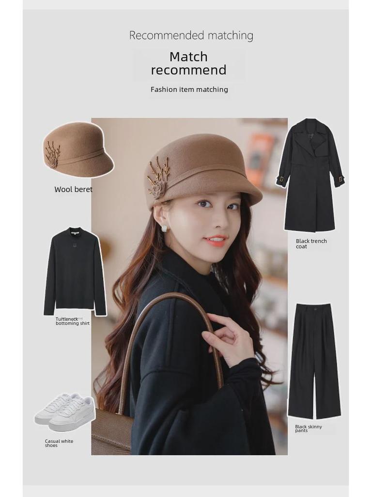 2022 New Women's Autumn/Winter Black Wool Beret - Trendy Korean Duckbill Cap, Face-Revealing, All-Match Style