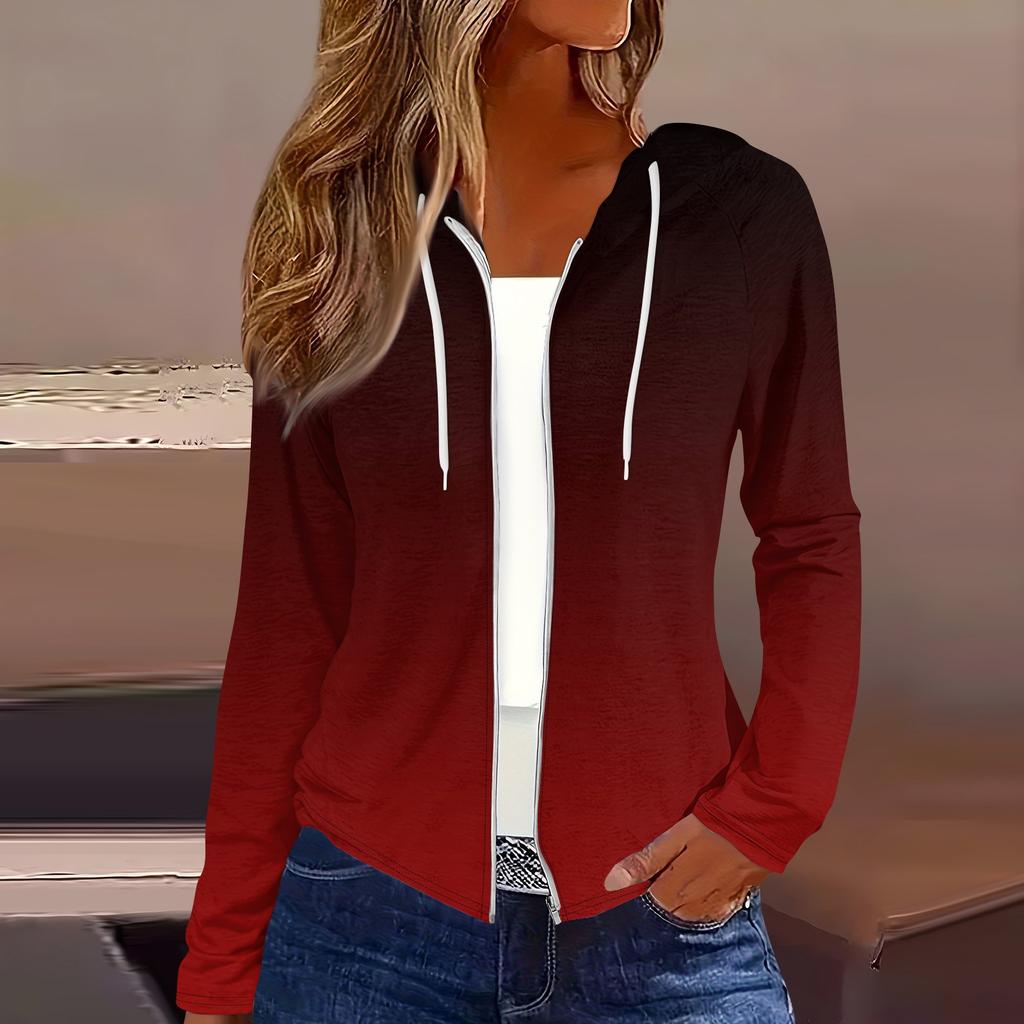 Женская мода повседневная застежка-молния с капюшоном и принтом с длинным рукавом толстовки пальто