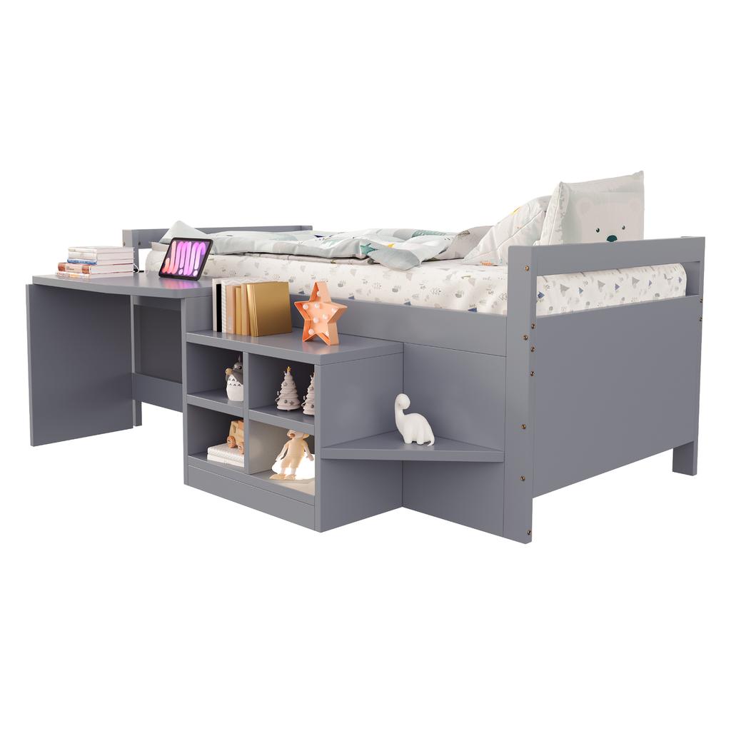 Children's Bed 90×200 cm, with Storage Compartments Desk with Sockets according to European Standard Single Bed Wooden Bed Grey