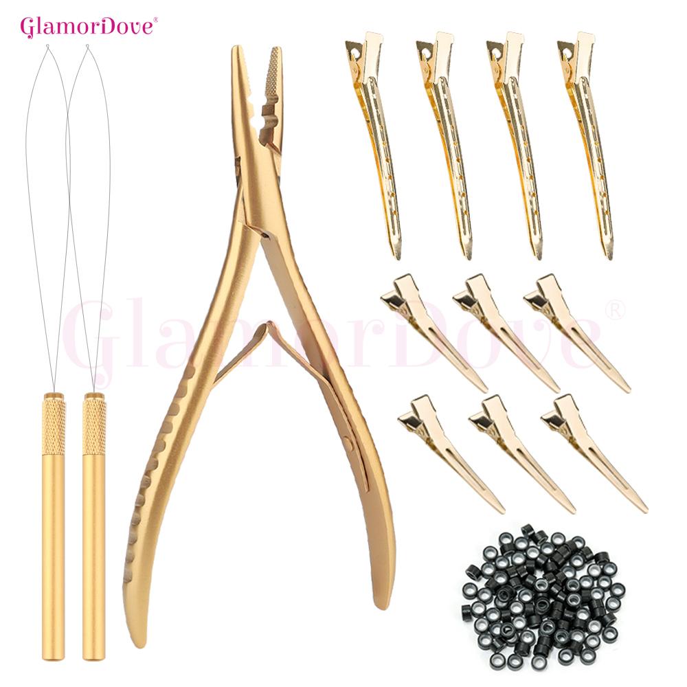 GlamorDove Hair Extension Kit – Pliers, Loop Tool, Clips & 200PCS Beads for Micro Ring & I Tip