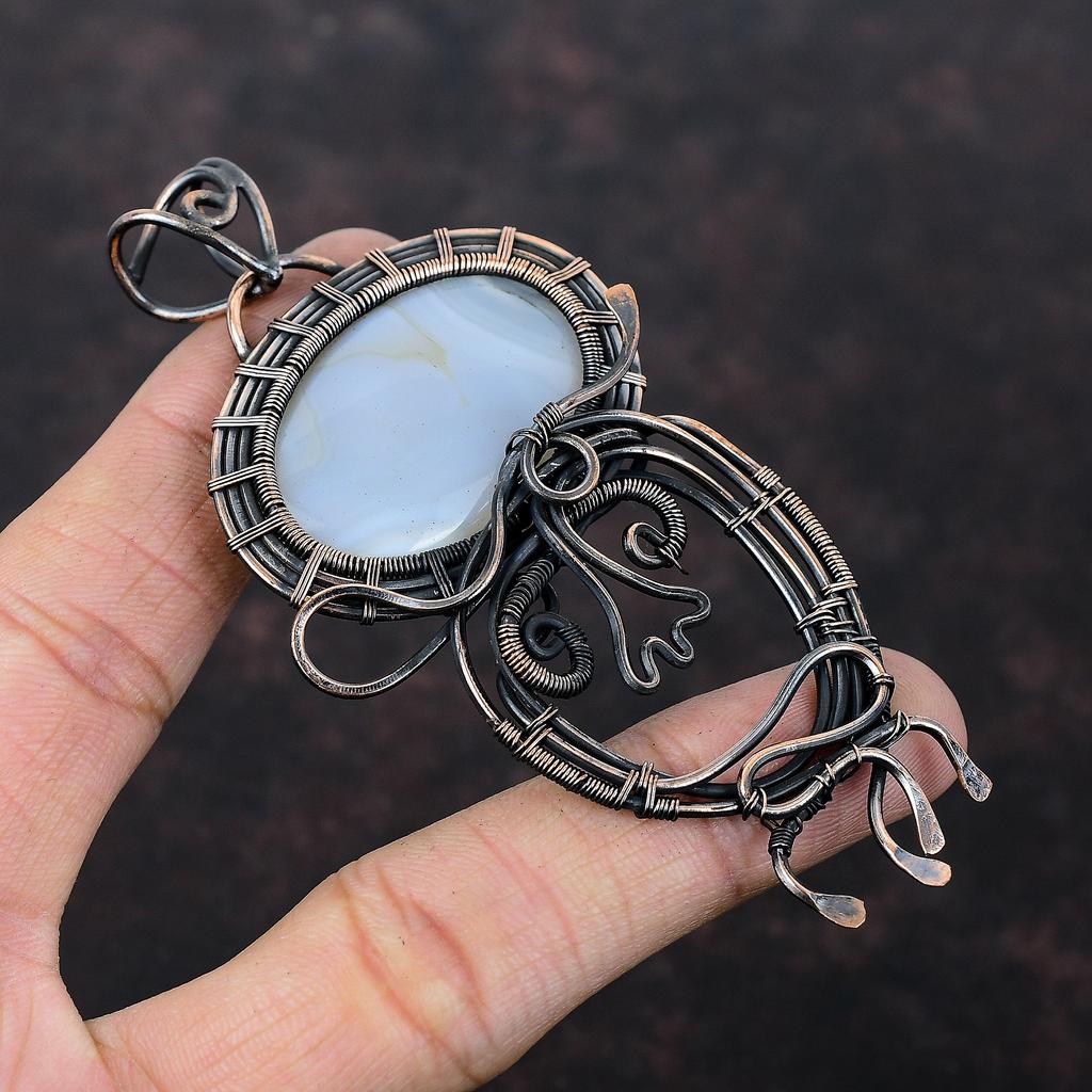 Голубой кружевной агатовый кулон, обернутый медной проволокой, кулон с драгоценным камнем, ювелирное изделие ручной работы, дизайнерский кулон, обернутое медной проволокой, свадебный подарок