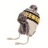 Stretch Knit Plush Winter Hat with Detachable Ear Flaps & Pom-Pom - Grid Pattern, Adjustable Drawstring for Outdoor Sports, Christmas Holiday