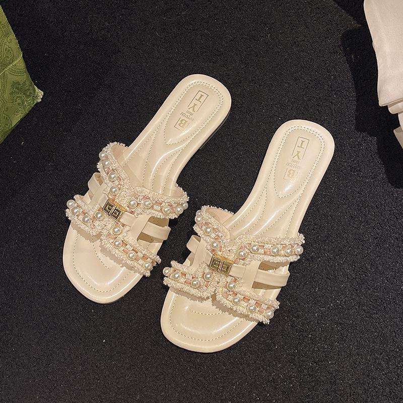 Летние новые тапочки на плоской подошве Xiaoxiangfeng, женские, для весны, с мягкой подошвой, фея, универсальные, жемчужные, пляжные сандалии