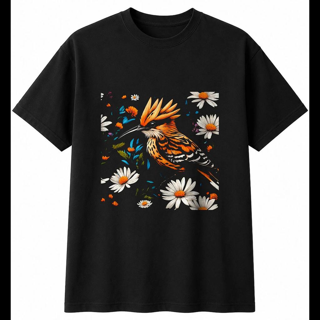 Hoopoe with Flowers Mens T-Shirt Bird Black 100% Cotton Birdwatching Printed