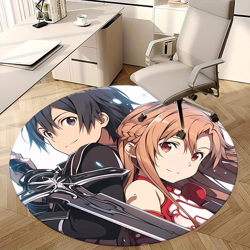 Sword Art Online, Асуна и Кирико Коврик-подкладка под стул Круглый ковер Ковер для офиса, Машинная стирка, Нескользящий, Подходит для гостиных, спален