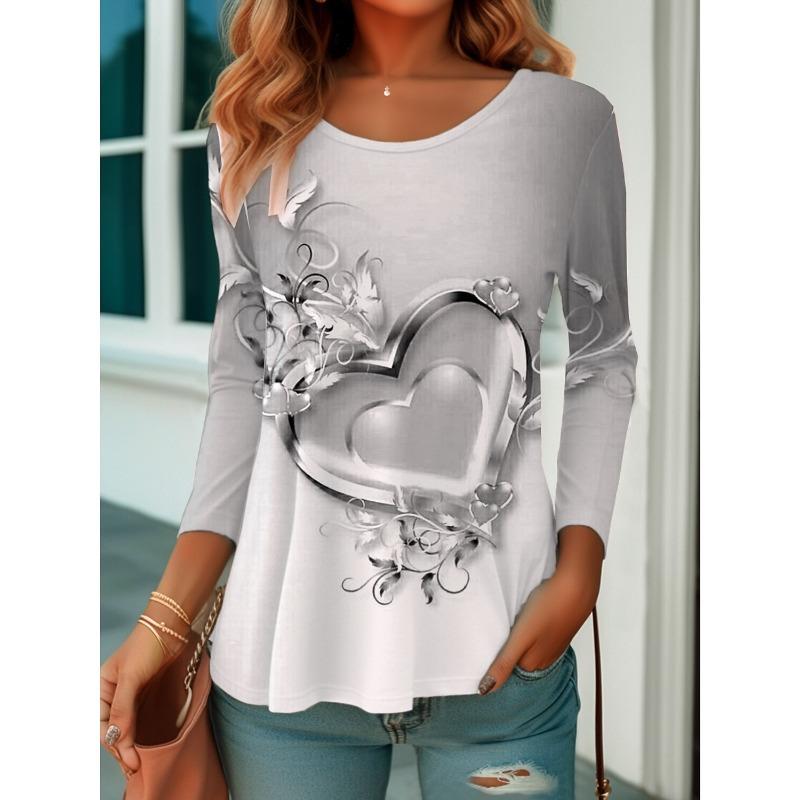 Топ с круглым вырезом и 3D-принтом 'Love', повседневная женская футболка с длинным рукавом - мягкая полиэстеровая ткань средней эластичности, одежда свободного кроя для весны и осени