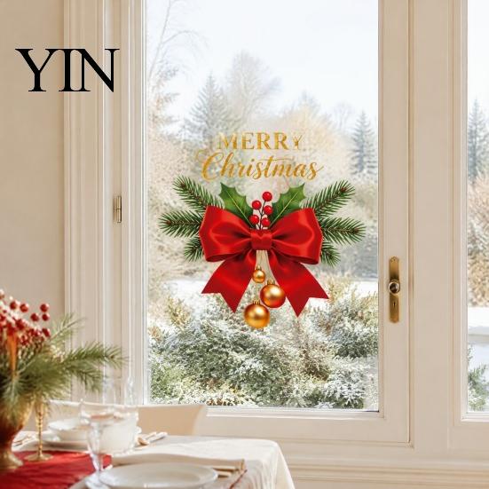 Large Christmas English Lettering Red Bow Window Sticker, Gold Letter Merry Glass Decal, Xmas Decor Waterproof Windows Clings for Home School