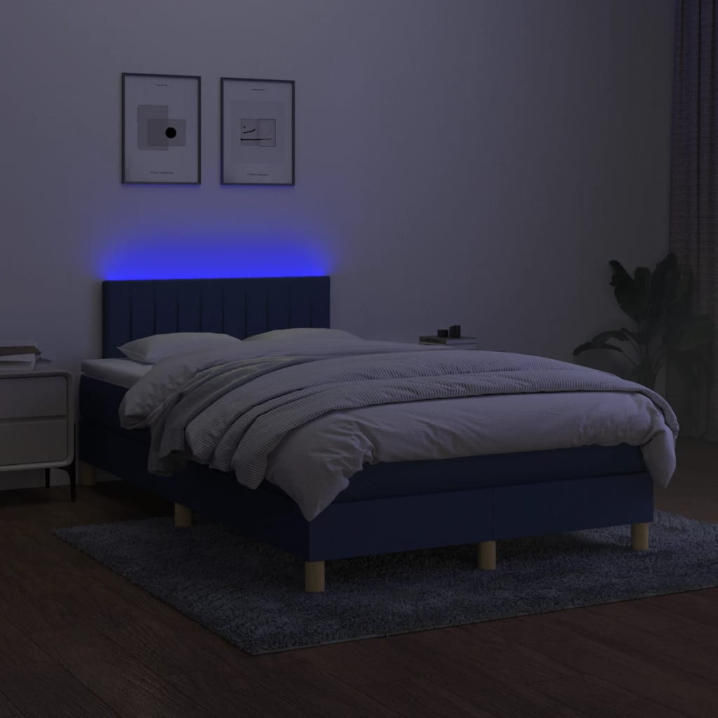 Box Spring Bed with Mattress & LED Blue 120x200 cm Fabric