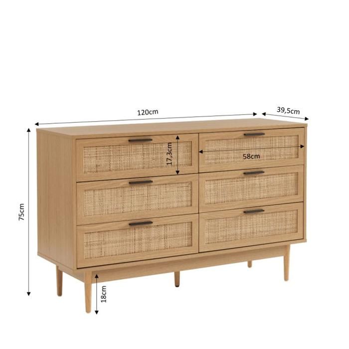 Commode AMANA effet chêne et cannage rotin 6 tiroirs - Bois