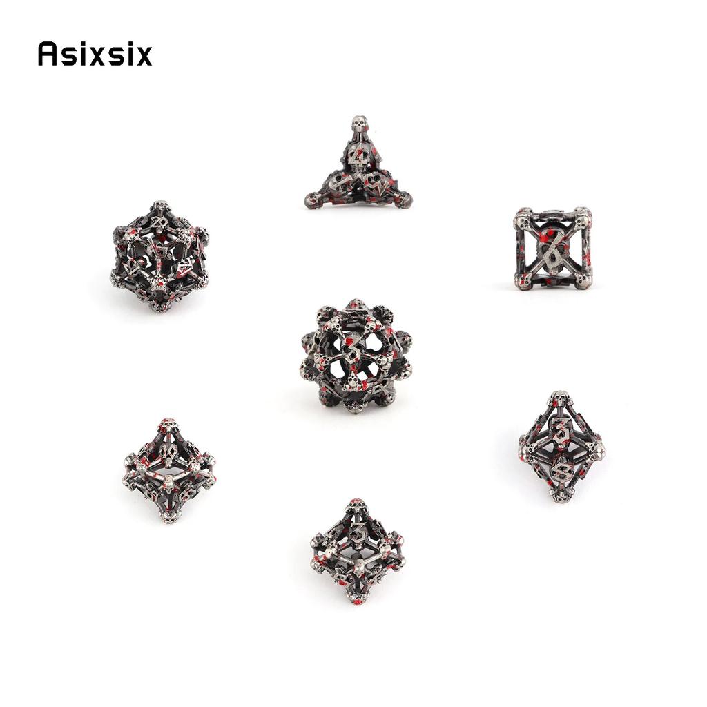 7 Pcs Silver Red Skull Head Metal Dice Hollow Metal Polyhedral Dice Set Suitable for Role-Playing RPG Board Game Card Game