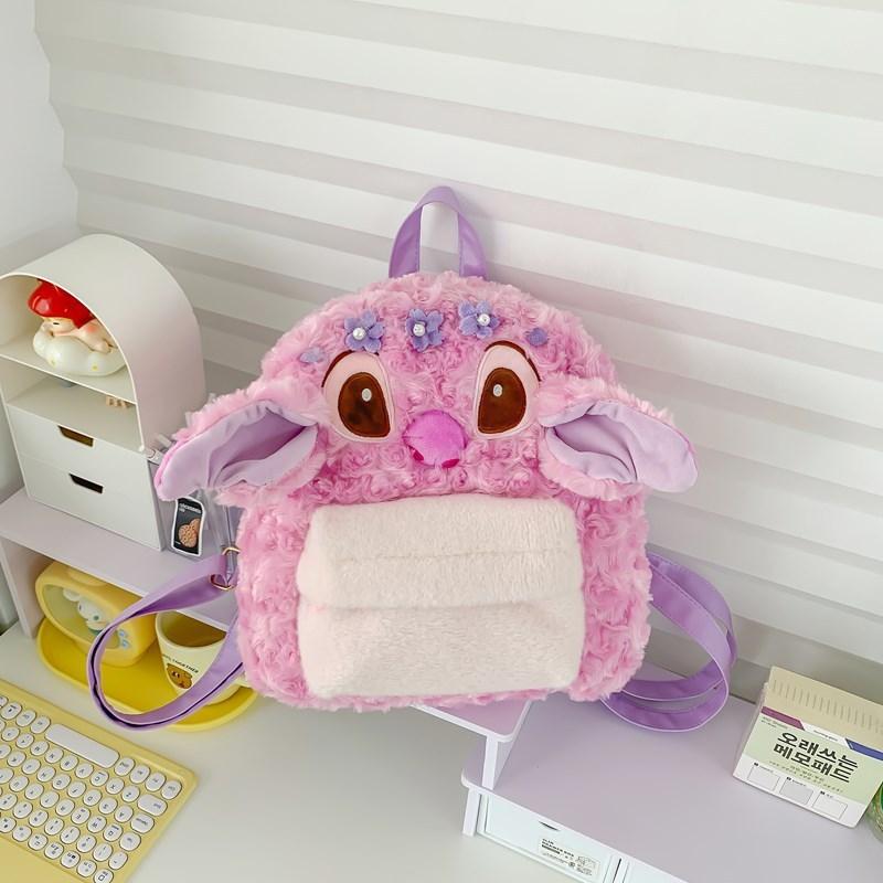 Cartoon Cute Pink Angel Flower Decor Plush Backpack For Students Daily Use