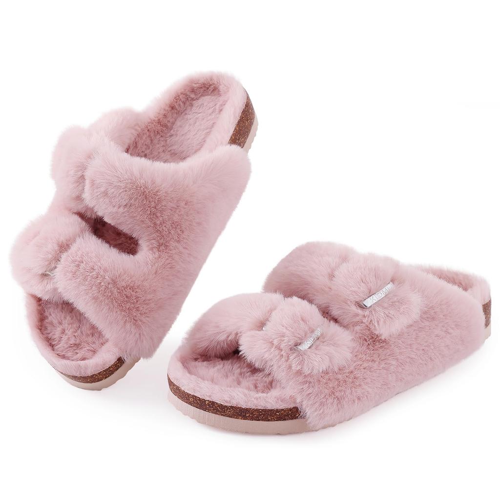 Fashion Smile Fashion Slippers For Women New Cork Insole Comfort Slides Outdoor Fluffy Sandals With Adjustable Metal Buckle Arch Support