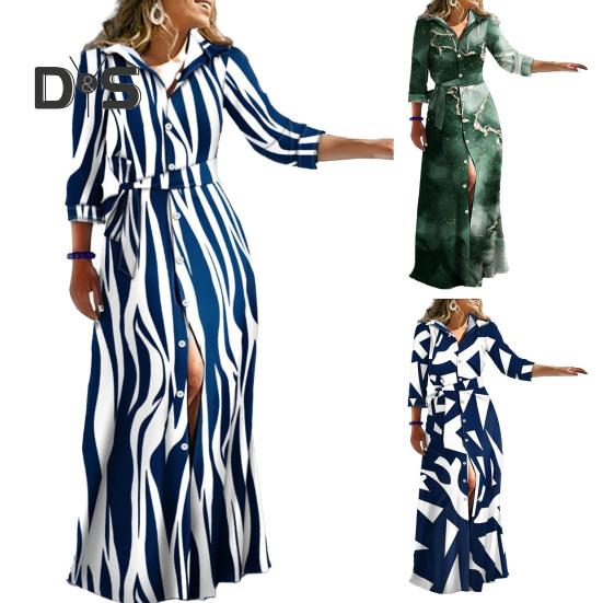 Women Spring Fall Dress Lace Up Tight Waist Striped Print Lapel Long Sleeve Single Breasted Full Length Soft Lady Party Prom Maxi Dress