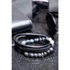 Мужской комбинированный браслет из черной натуральной кожи и гематита из натурального камня 001