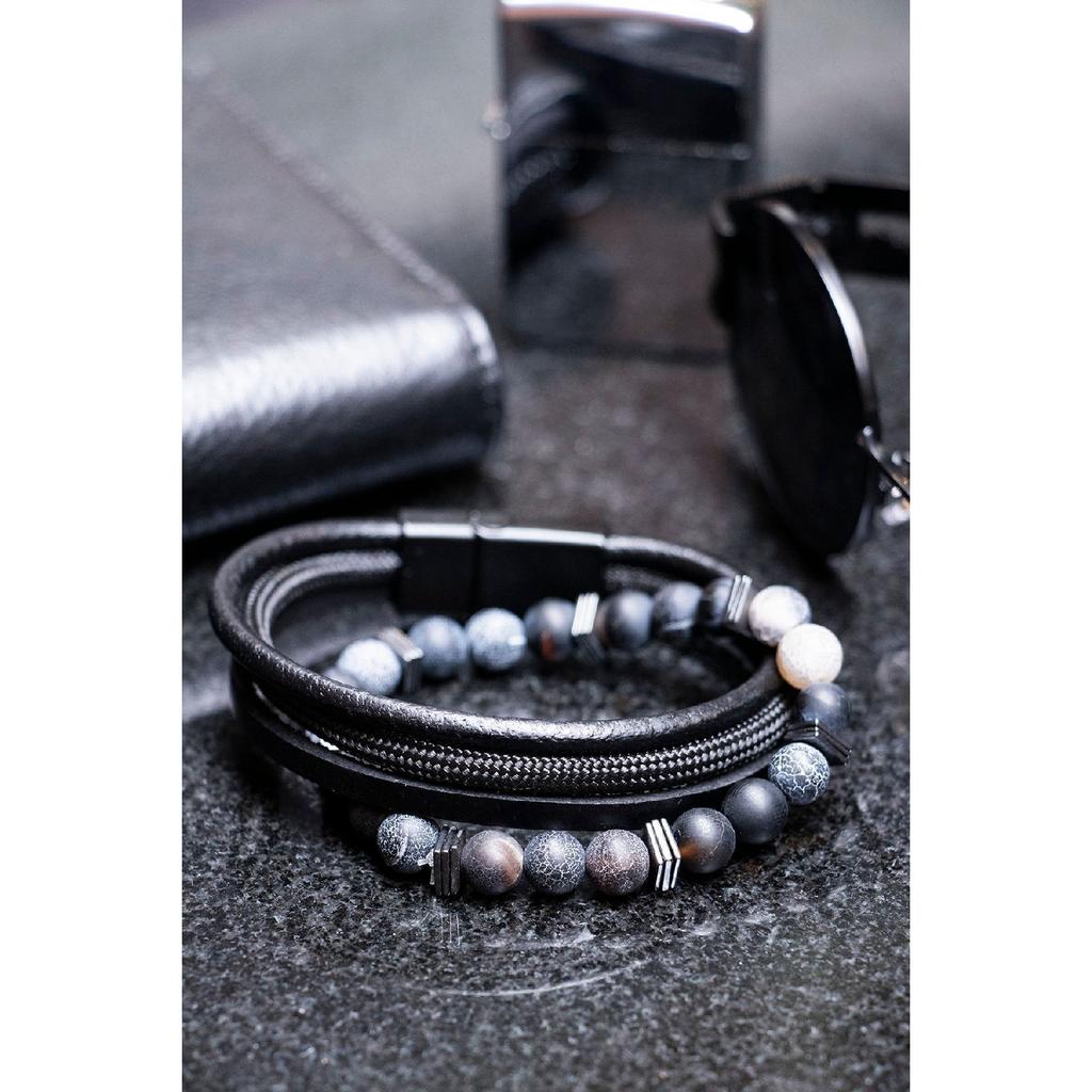 Мужской комбинированный браслет из черной натуральной кожи и гематита из натурального камня 001