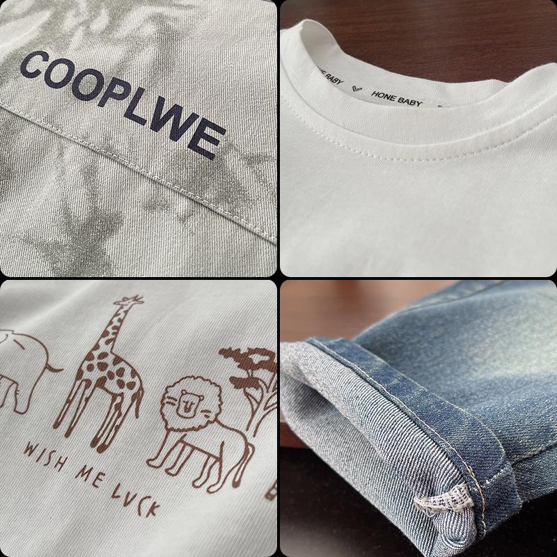 Костюм для мальчика 0-5 лет Детская повседневная рубашка с длинными рукавами Куртка Круглый вырез Белый топ с рисунком Джинсовые брюки Комплект из трех предметов Детская одежда для мальчиков