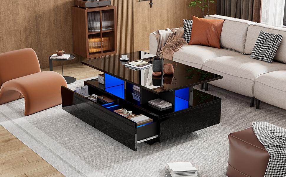 Modern High-Gloss Coffee Table with LED Lighting and 2 Drawers – Stylish 90x55x41 cm Side Table with Storage, Load Capacity up to 30 kg