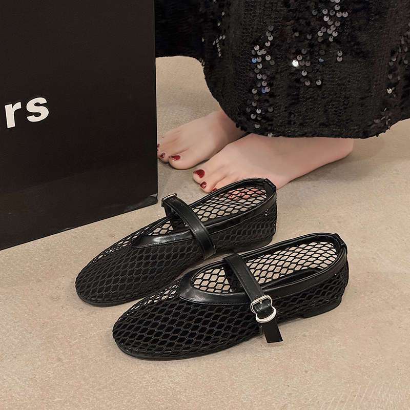 Сетчатая обувь женские дышащие сандалии лето новые французский темперамент плоская подошва полые Мэри Джейн одинарные туфли