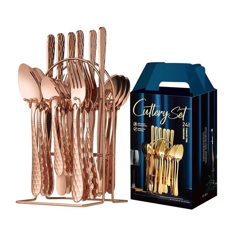Набор столовых приборов из нержавеющей стали, 24 предмета, кованый узор, керамическая ручка, набор ножей, вилок и ложек, набор столовых приборов, дорожный набор столовых приборов, набор столовых приборов