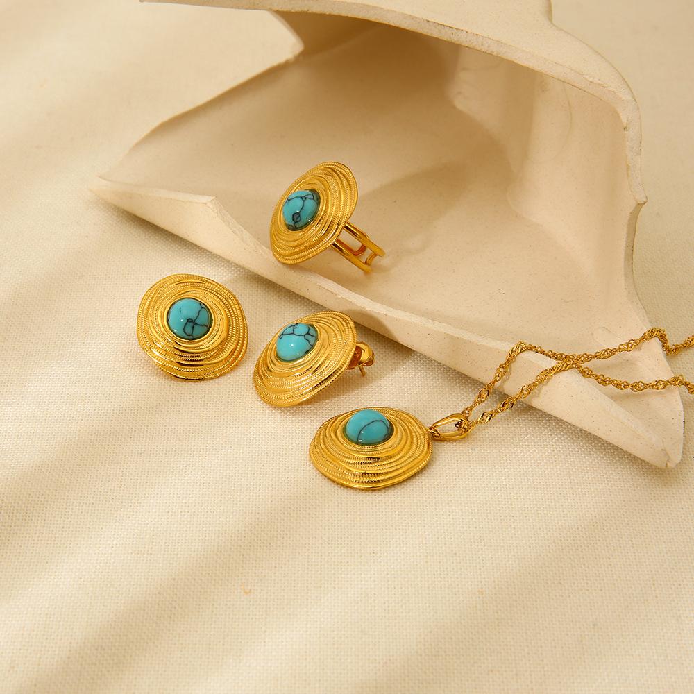 Niche retro inlaid natural stone round stainless steel stud earrings ring necklace plated with 18K gold jewelry women