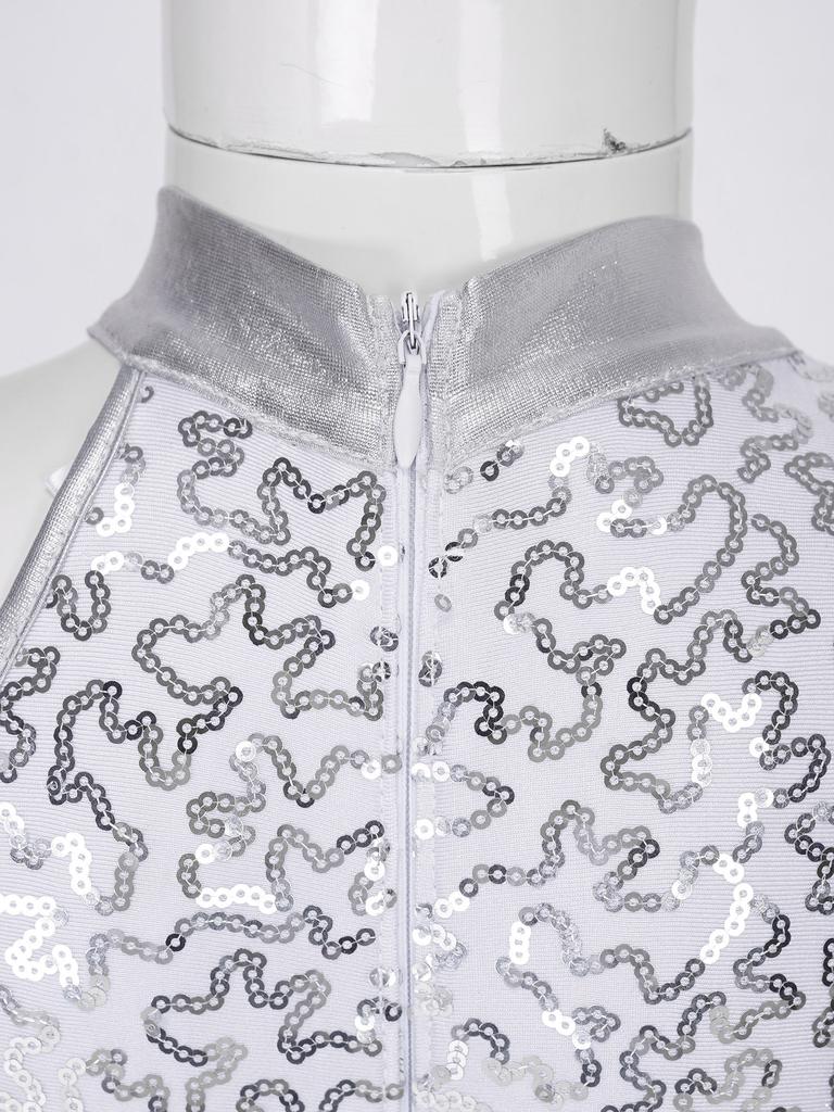 Girls Sparkly Sequin Gymnastics Leotard One Shoulder Long Sleeve Bodysuit with Hair Tie Jazz Dancewear