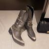 Модные осенние новые массивные одинарные ботинки женские модные заостренные вышитые металлические цепочки удобные ковбойские ботинки до середины голени