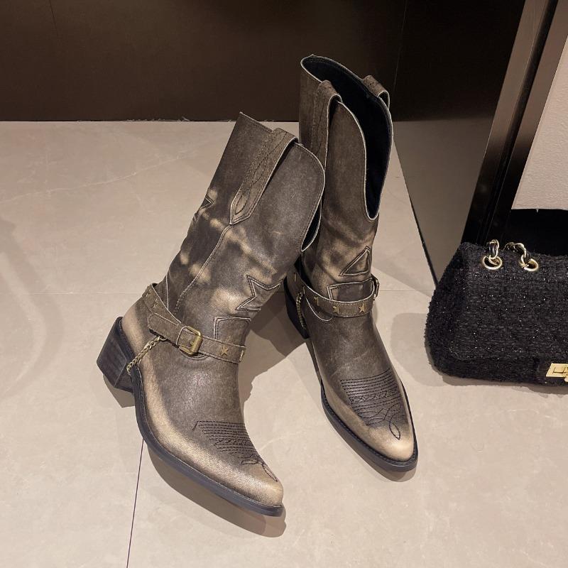 Модные осенние новые массивные одинарные ботинки женские модные заостренные вышитые металлические цепочки удобные ковбойские ботинки до середины голени