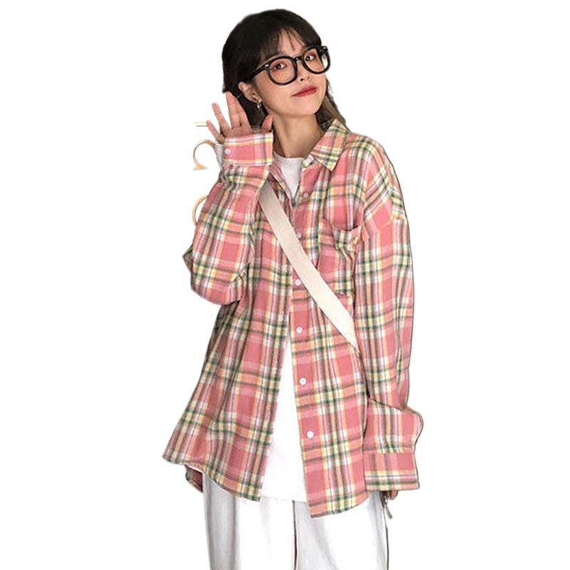 Розовая женская рубашка с длинными рукавами, контрастный ретро-повседневный клетчатый топ, простое свободное женское пальто в корейском стиле