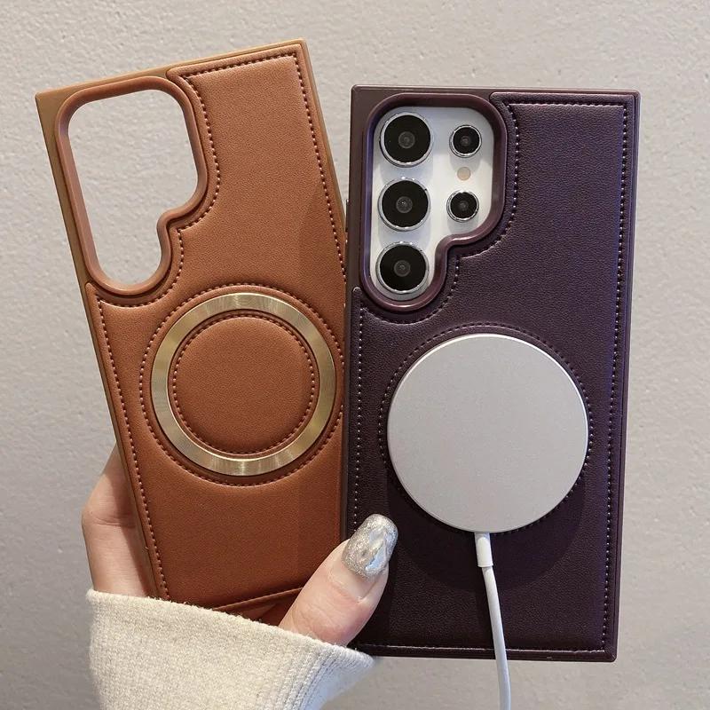 For Wireless Charging Phone Case for Samsung Galaxy S24 Plus S24 Ultra PU Leather Magnetic Anti Fall Protective Cover Cases