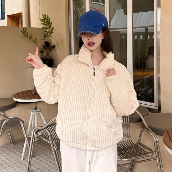 Women's Winter Jacket Corduroy Puffer Short Down Jacket Warm Quilted Cotton Coat Stand Collar Outerwear for