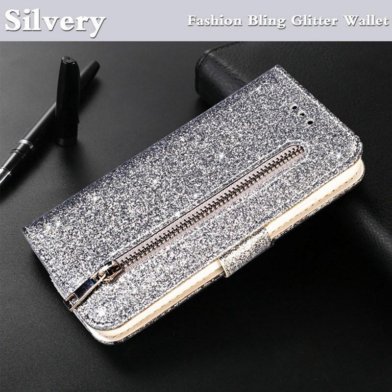 Чехол-кошелек с блестящими кожаными откидными чехлами на молнии, сумка для телефона для iPhone Samsung Xiaomi Redmi Huawei Honor