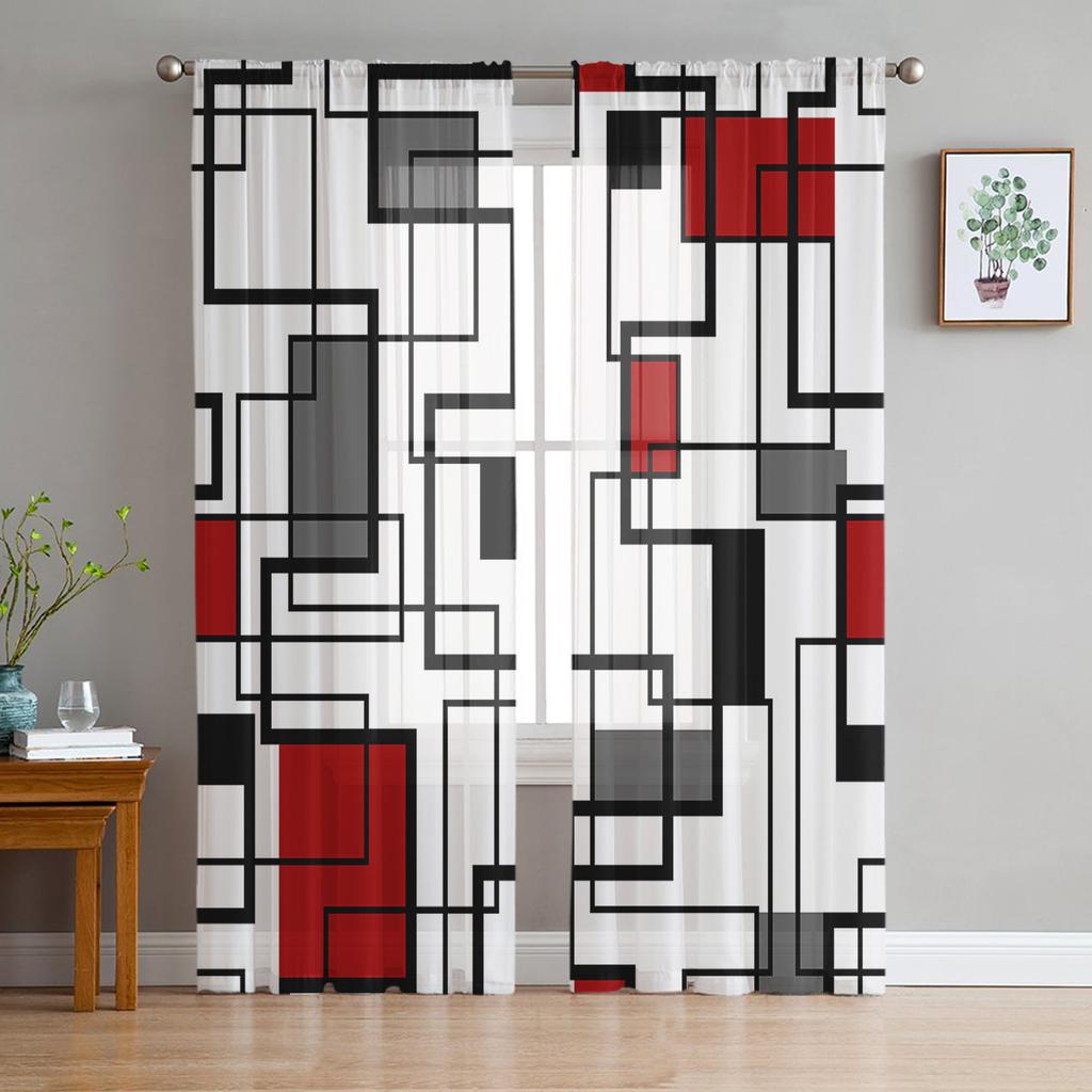 Abstract Geometric Squares Art Black Red Sheer Curtain Living Room Printed Tulle Window Curtain Luxury Home Balcony Decor Drapes